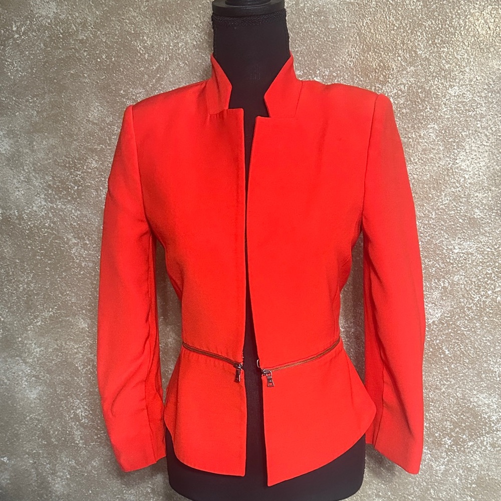 BCBGMaxAzria Vibrant Red Tailored Zip-Peplum Blazer
